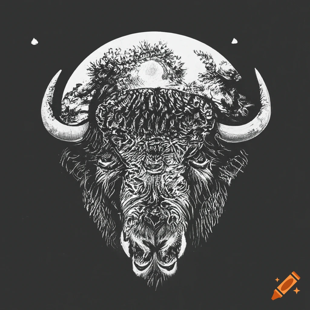 Tarot card featuring bison, moon, and forest in black and white woodcut style