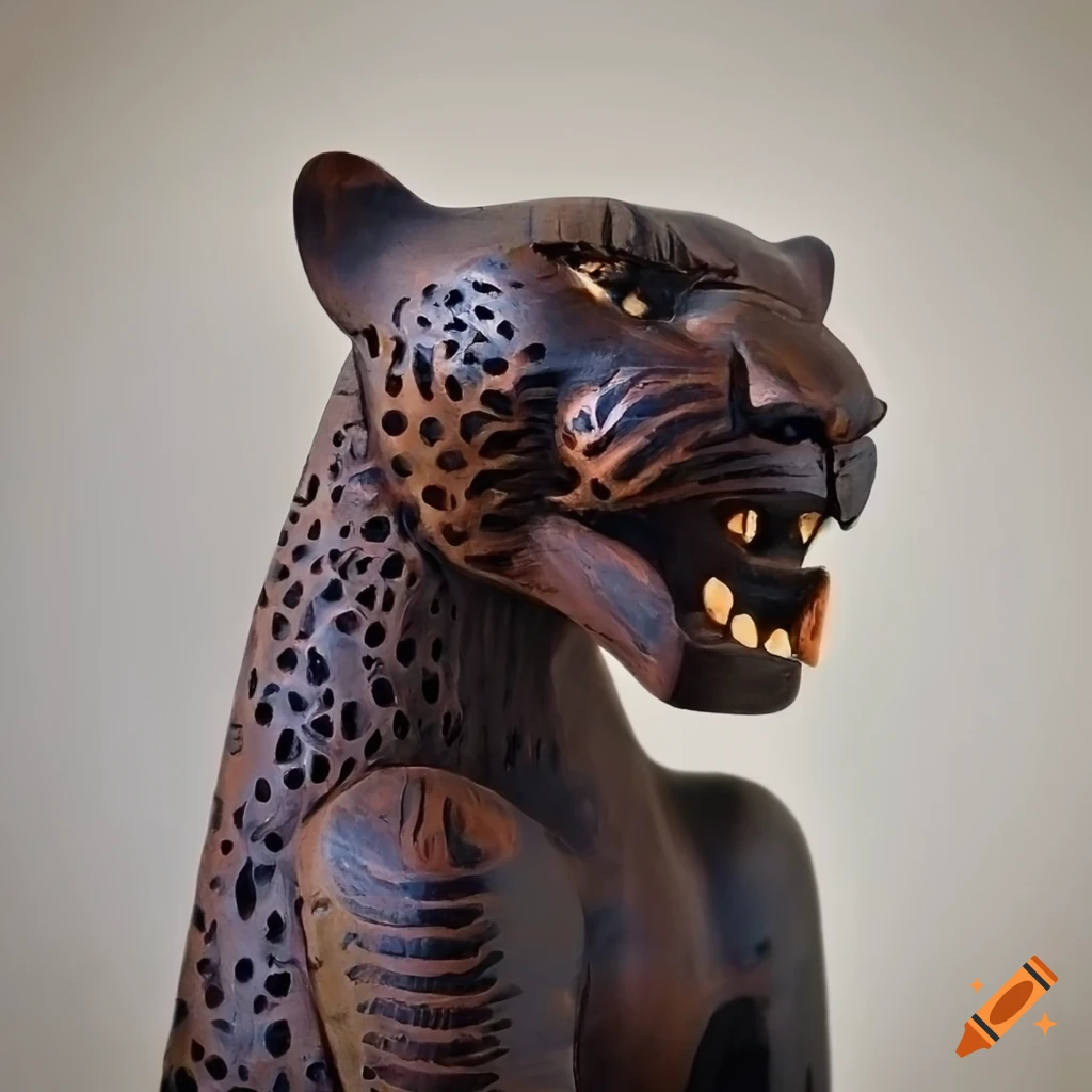 Wooden panther with intricate carvings in Bali primitive art style