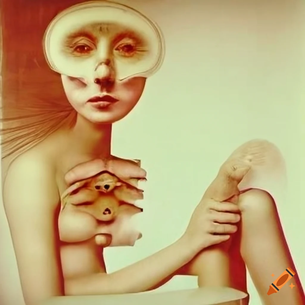 Surreal vivid photo reminiscent of Hans Bellmer's style with disintegrating older woman and face behind her