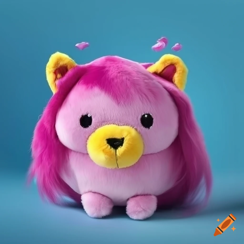 Majestic plush chubby magenta lion on a blue background with silver lining