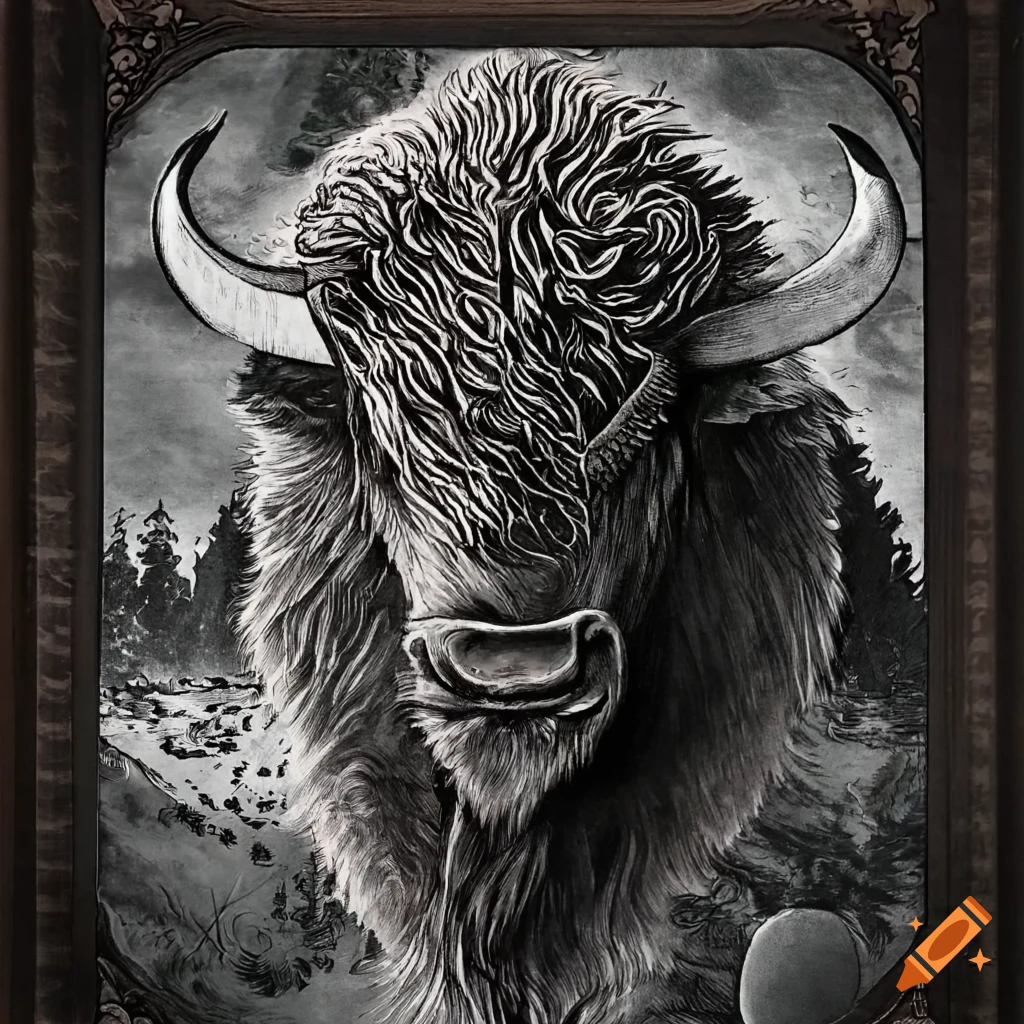 Monochrome wooden tarot card with a bison, full moon, and pentagram design