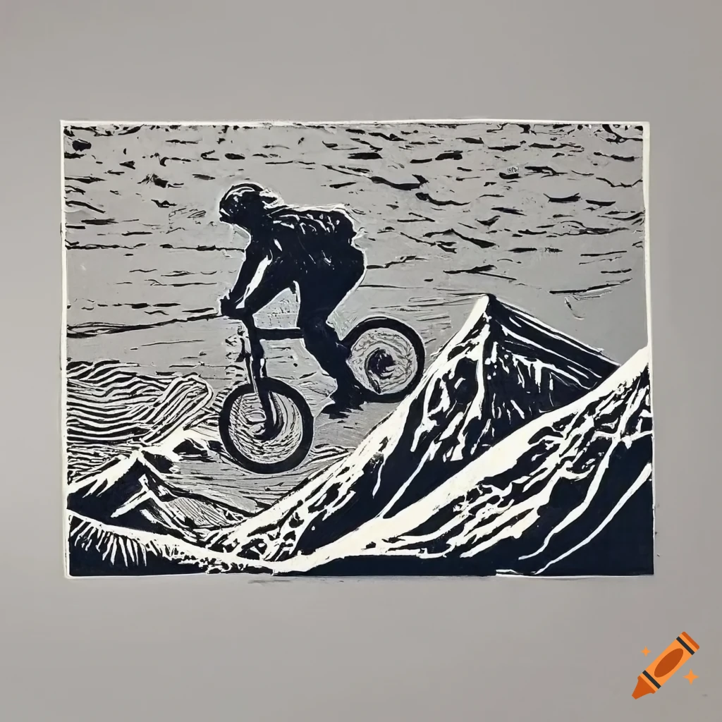 Mountain biker riding steep slope downhill in black and white linocut print