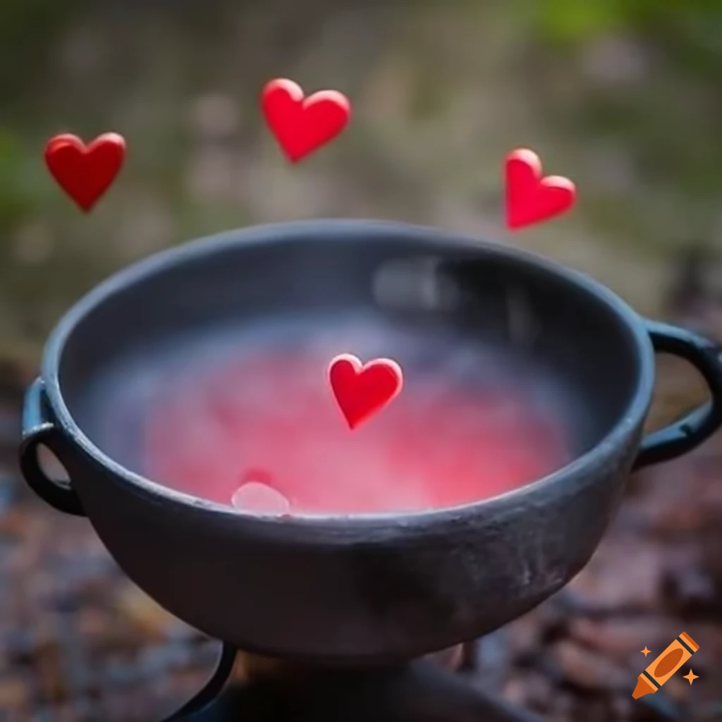 Witch's cauldron bubbling with red hearts reflecting a face
