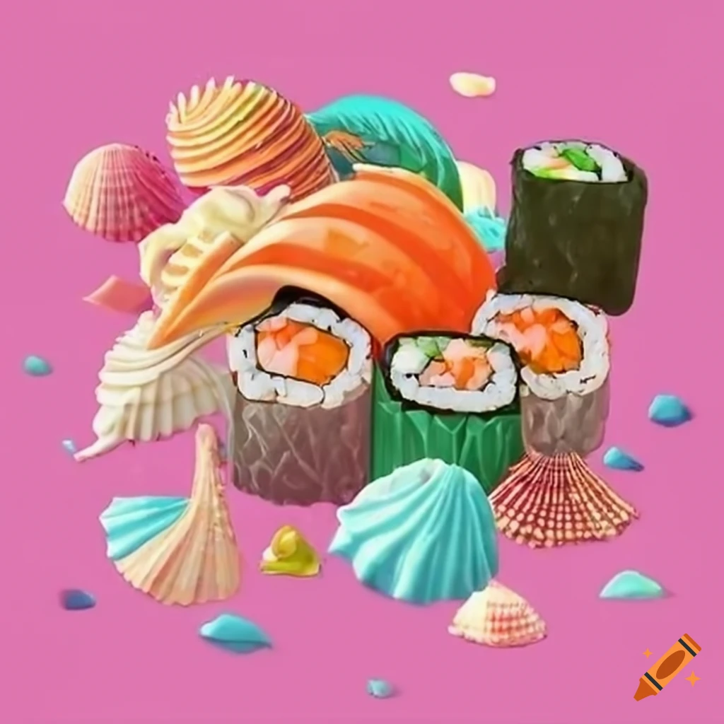 Colorful seashells and sushi rolls