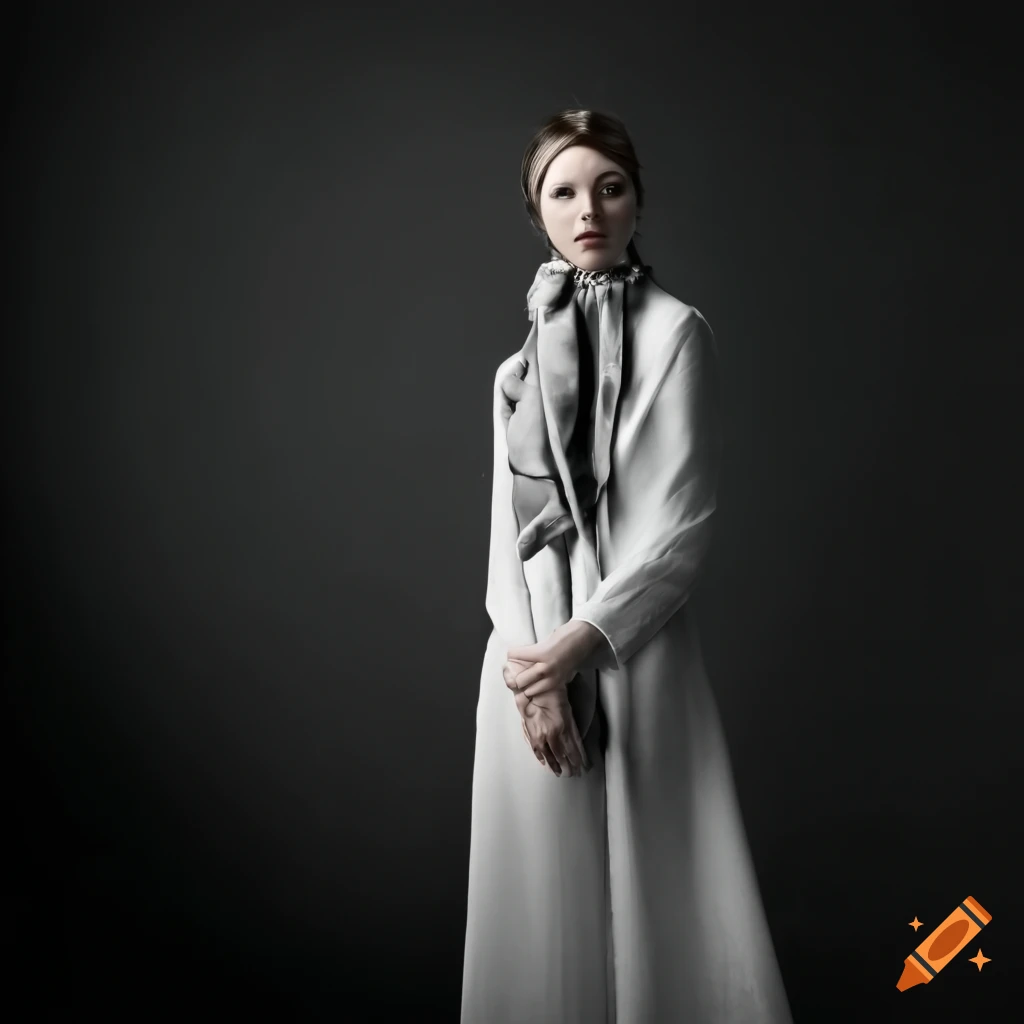 French woman with European appearance wearing a DIOR style silk scarf