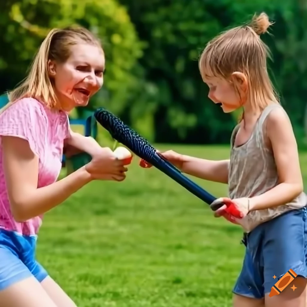 Friendly fight with baseball bats at a sunny playground