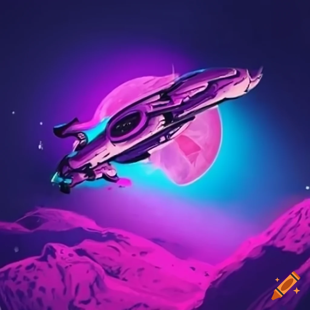 Colorful spaceship cruising through space near moons