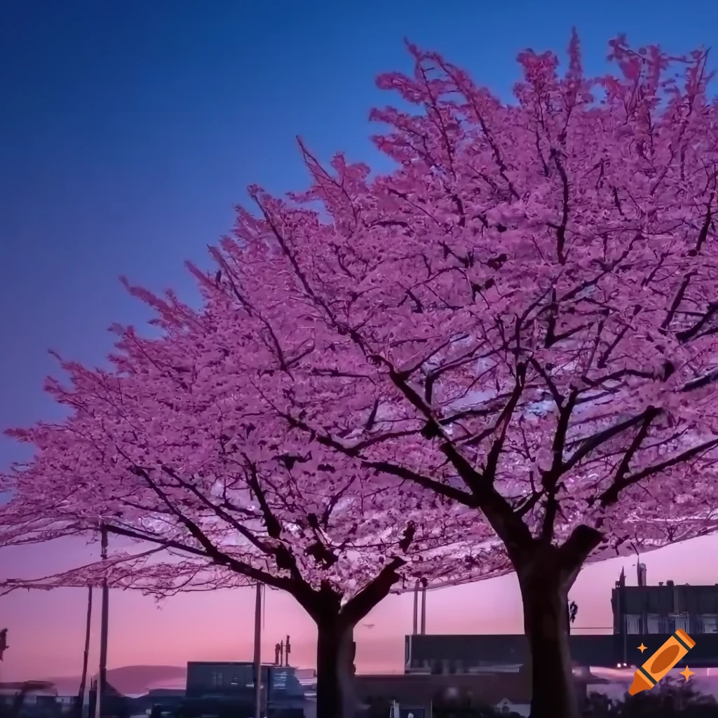 Dusk background with sakura trees in 4k resolution