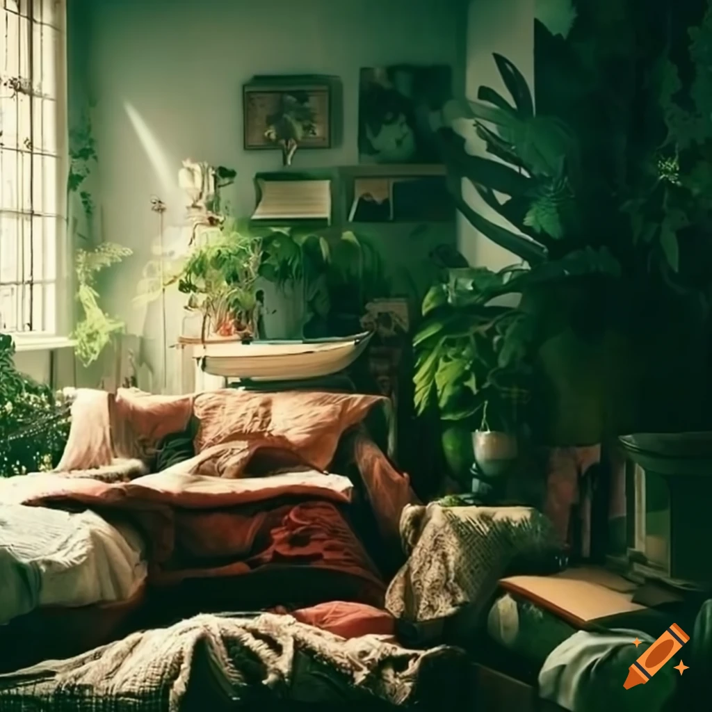 Sunlit cozy bedroom with lush plants and books on Craiyon