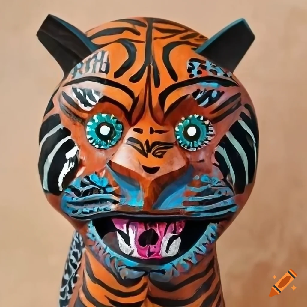 Wooden Bali tiger with colorful markings in a primitive art style