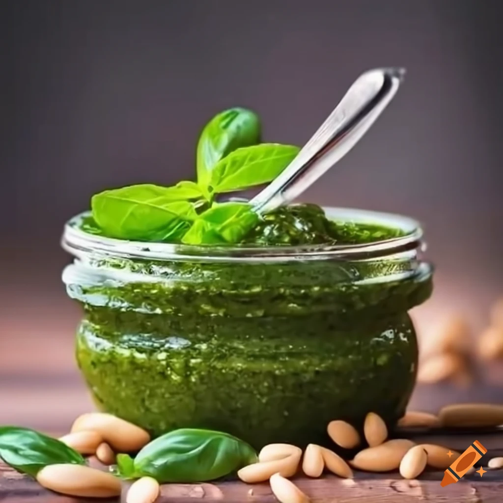 Authentic Italian pesto with fresh basil leaves and pine nuts
