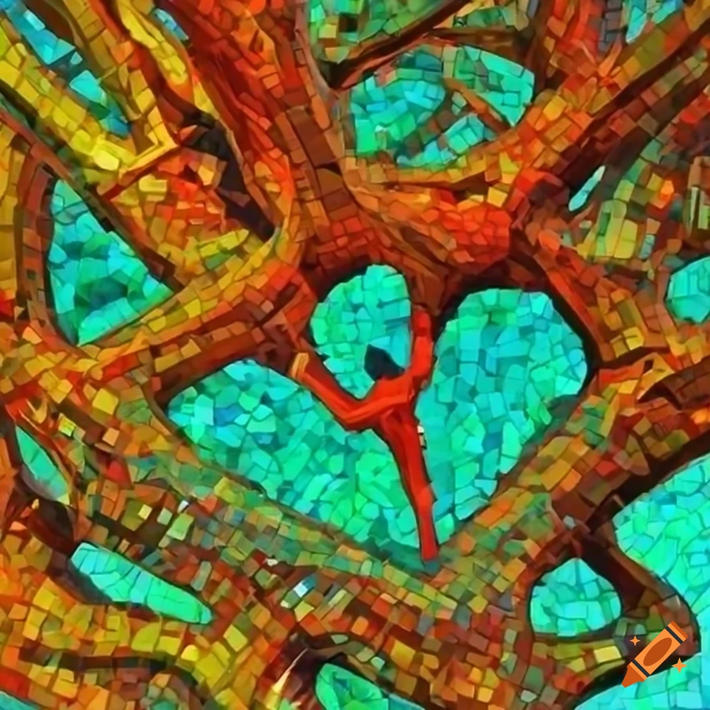 Abstract human-tree in water with Soviet-style mosaic