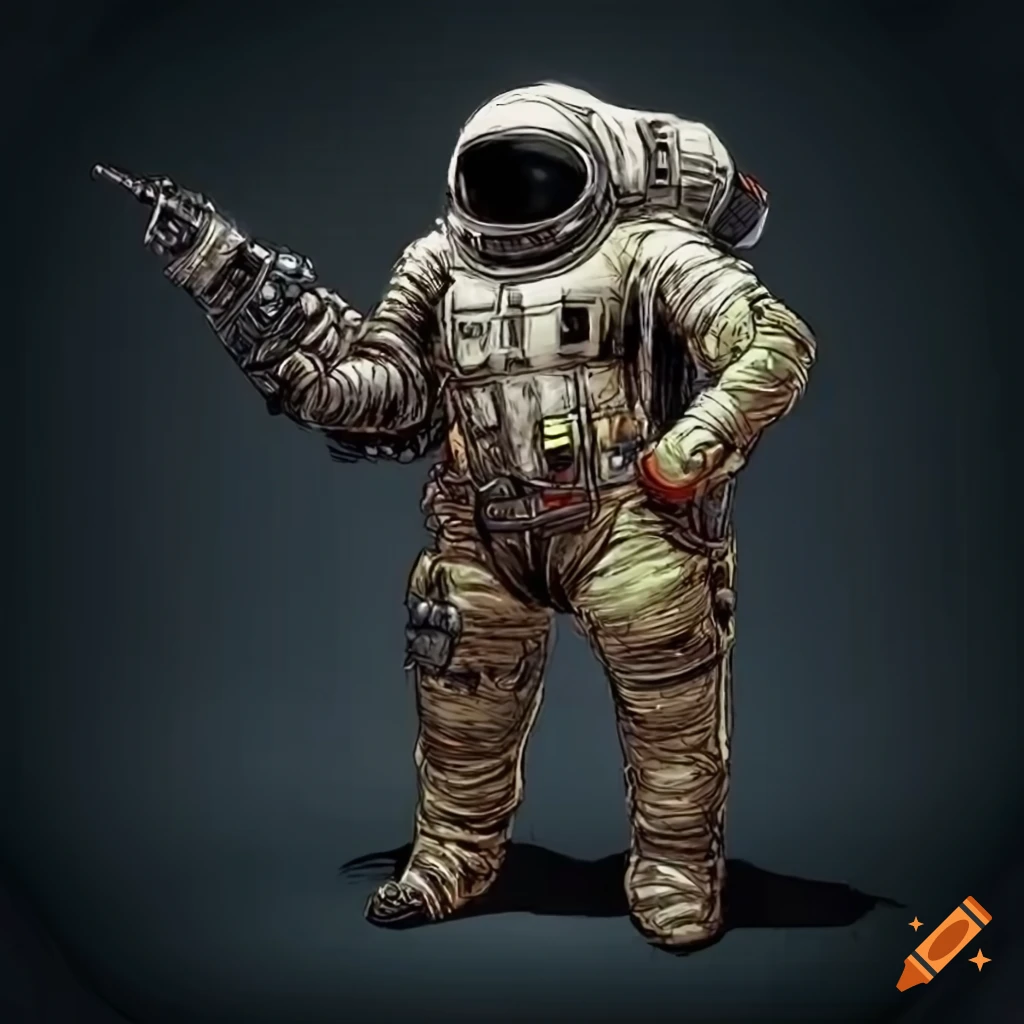 Character design of a retro sci-fi raygun-gothic astronaut-scavenger in a post-apocalyptic diesel-punk space suit