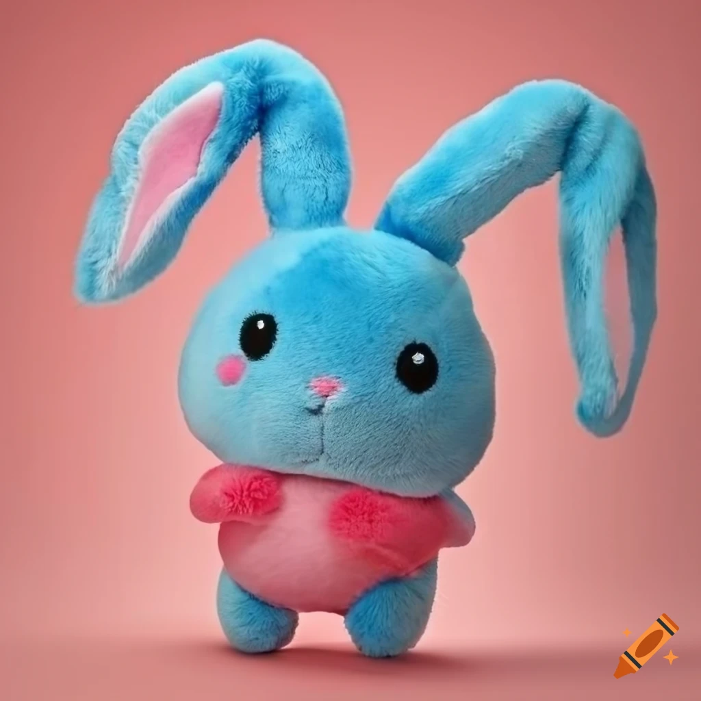 Cute chubby blue rabbit with long plush fur on a red background