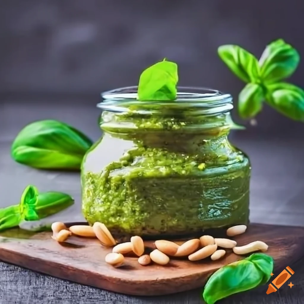 Traditional Italian pesto sauce with basil leaves and pine nuts