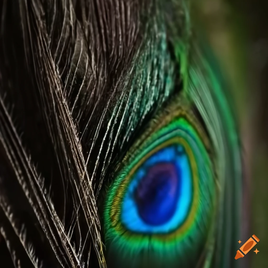 Close-up of a peacock feather in dark macro theme