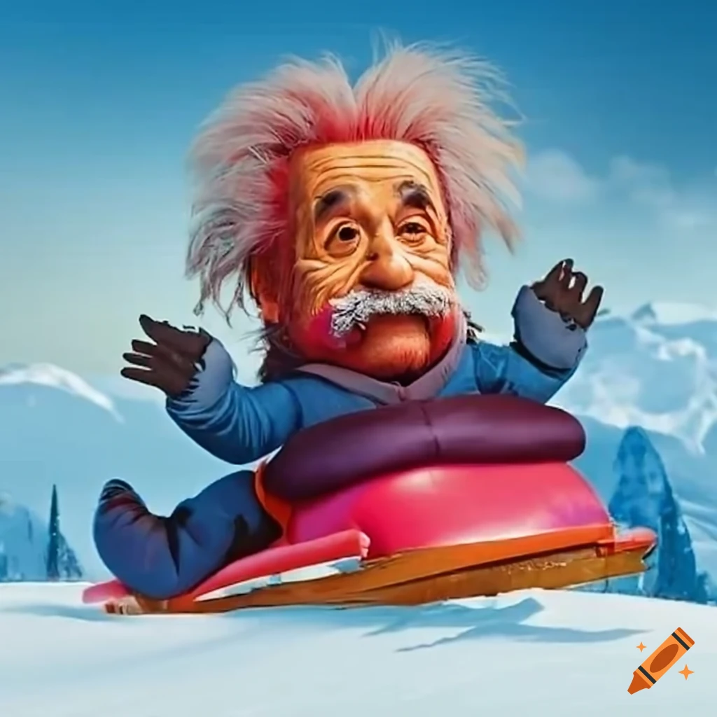 Einstein sledding down a mountain on Craiyon