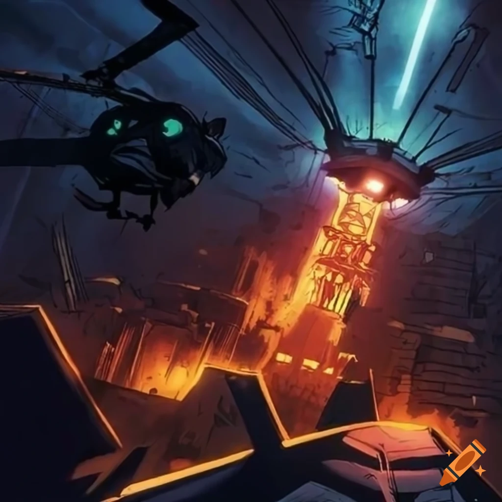 Helicopter crashing on a casino helipad at night in the rain, Marvel comic style