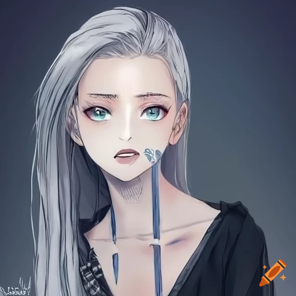 Portrait of a young woman with white hair and white eyes