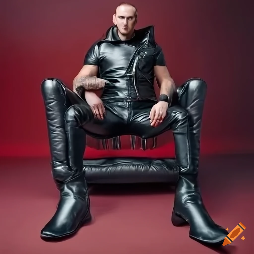 Biker guy in leather sitting on a shiny bed