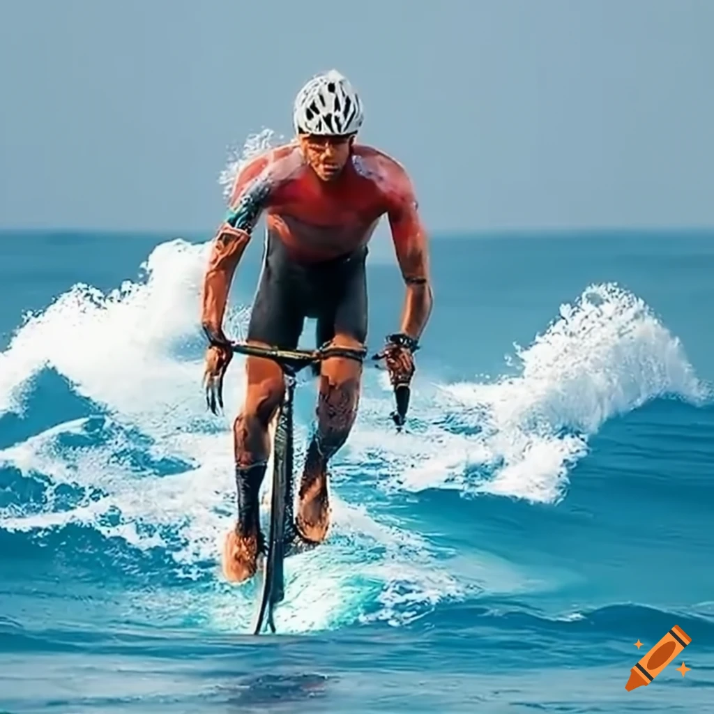 Kelly Slater surfing a big wave with cyclo cross bike