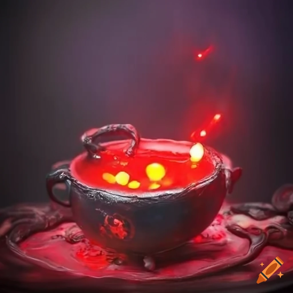 Mystical witch cauldron bubbling with red glowing hearts