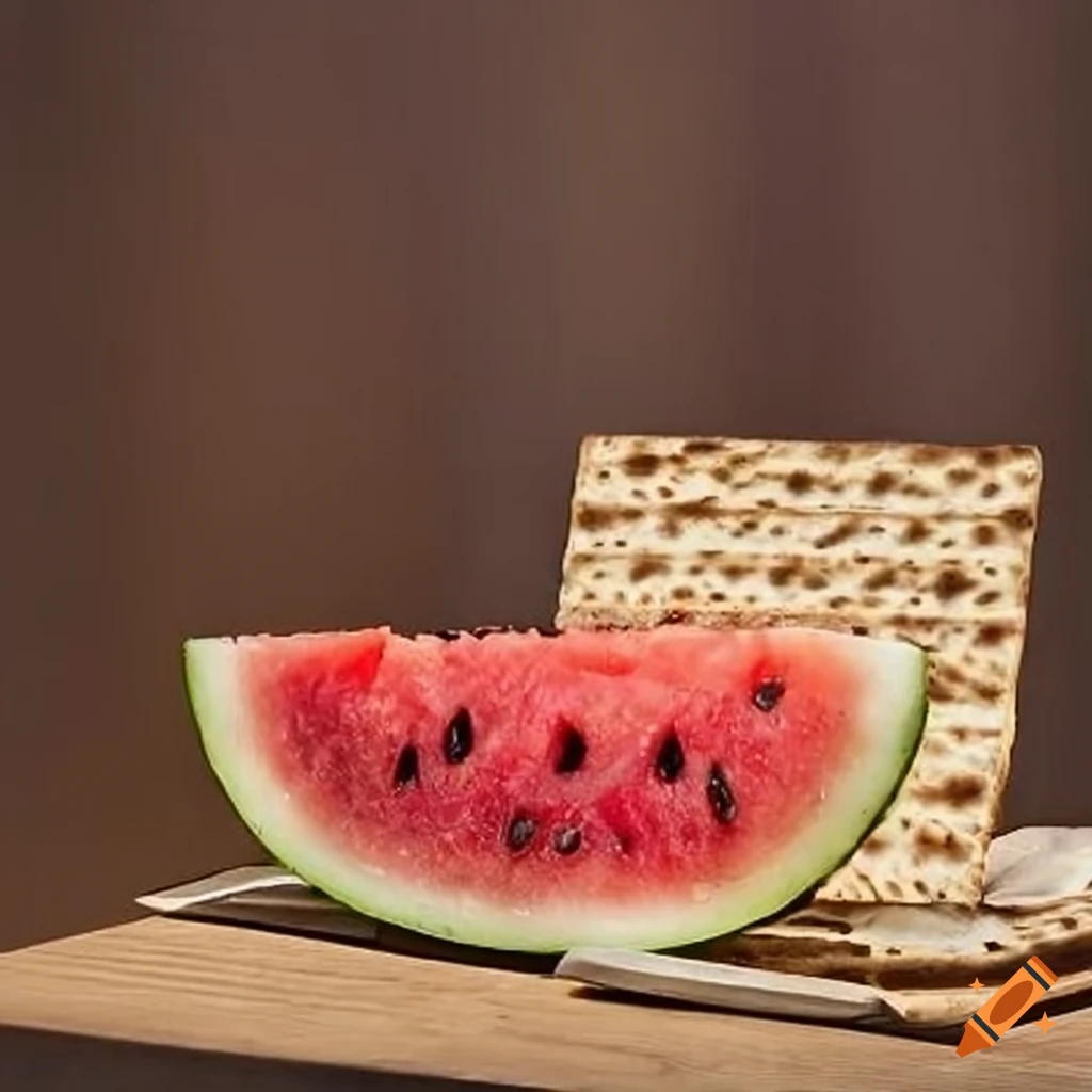 Watermelon and matzo bread on wooden table for Passover meal
