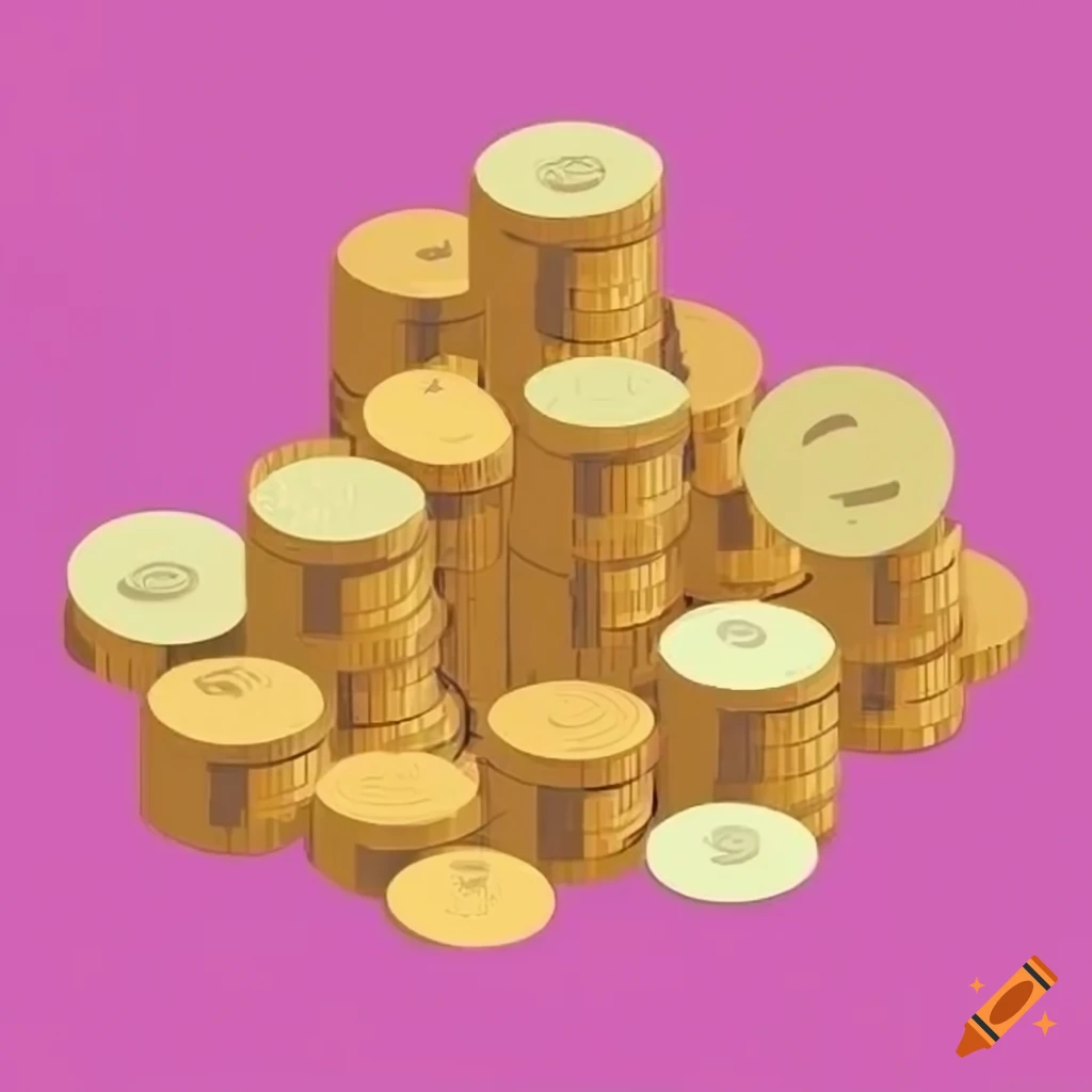 Piles of coins in an isometric flat painting style