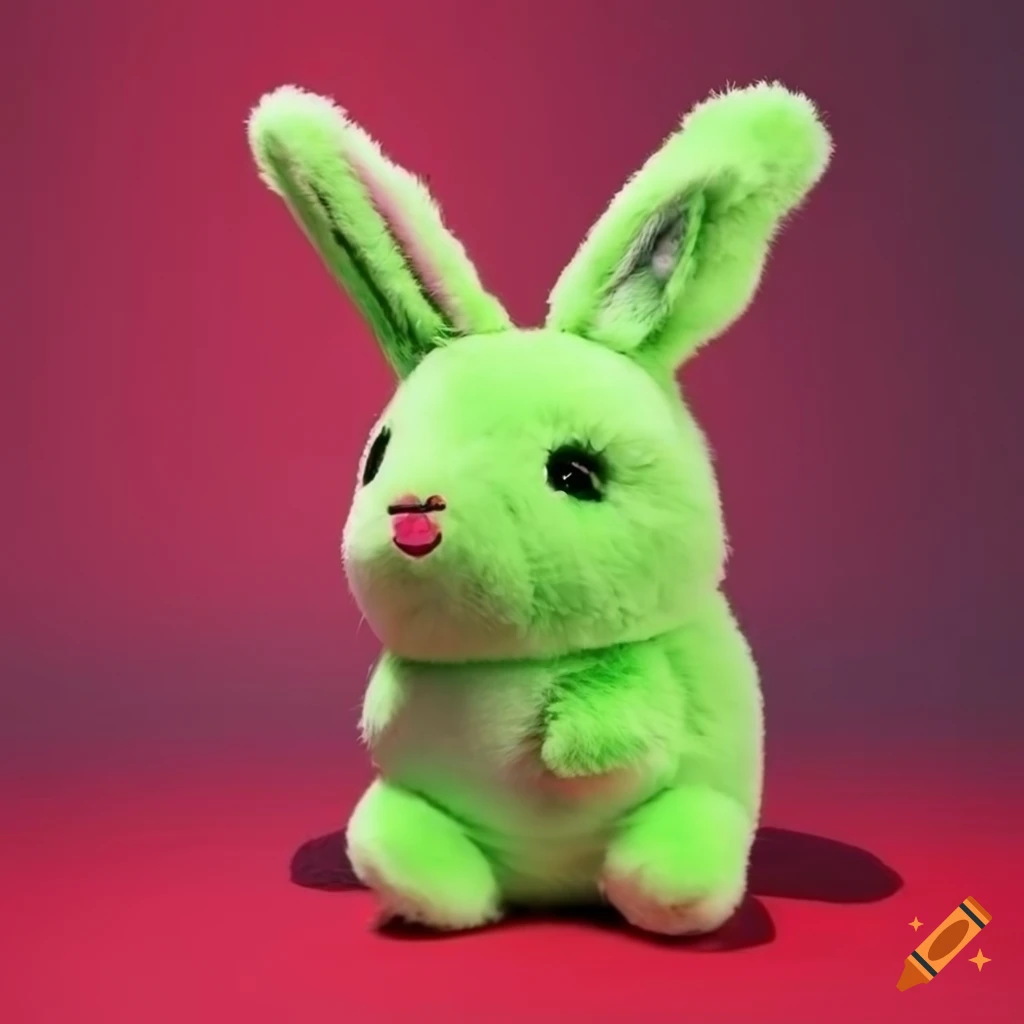 Adorable chubby lime rabbit with long hair on red background