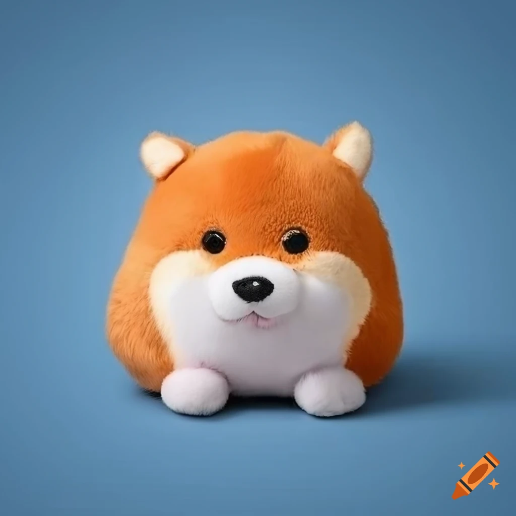 Cute chubby orange dog with long hair on blue background