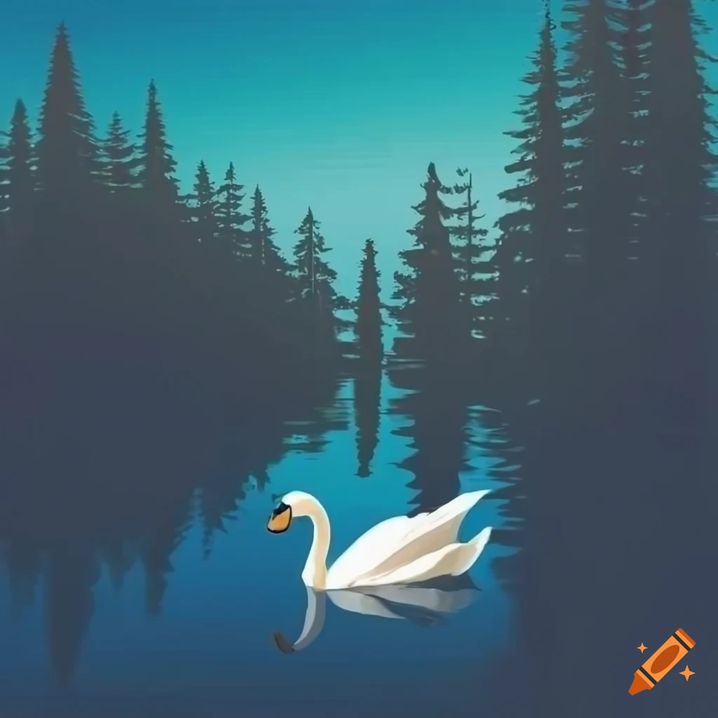 Stylized emblem of pine trees reflected in a pristine lake with a graceful swan