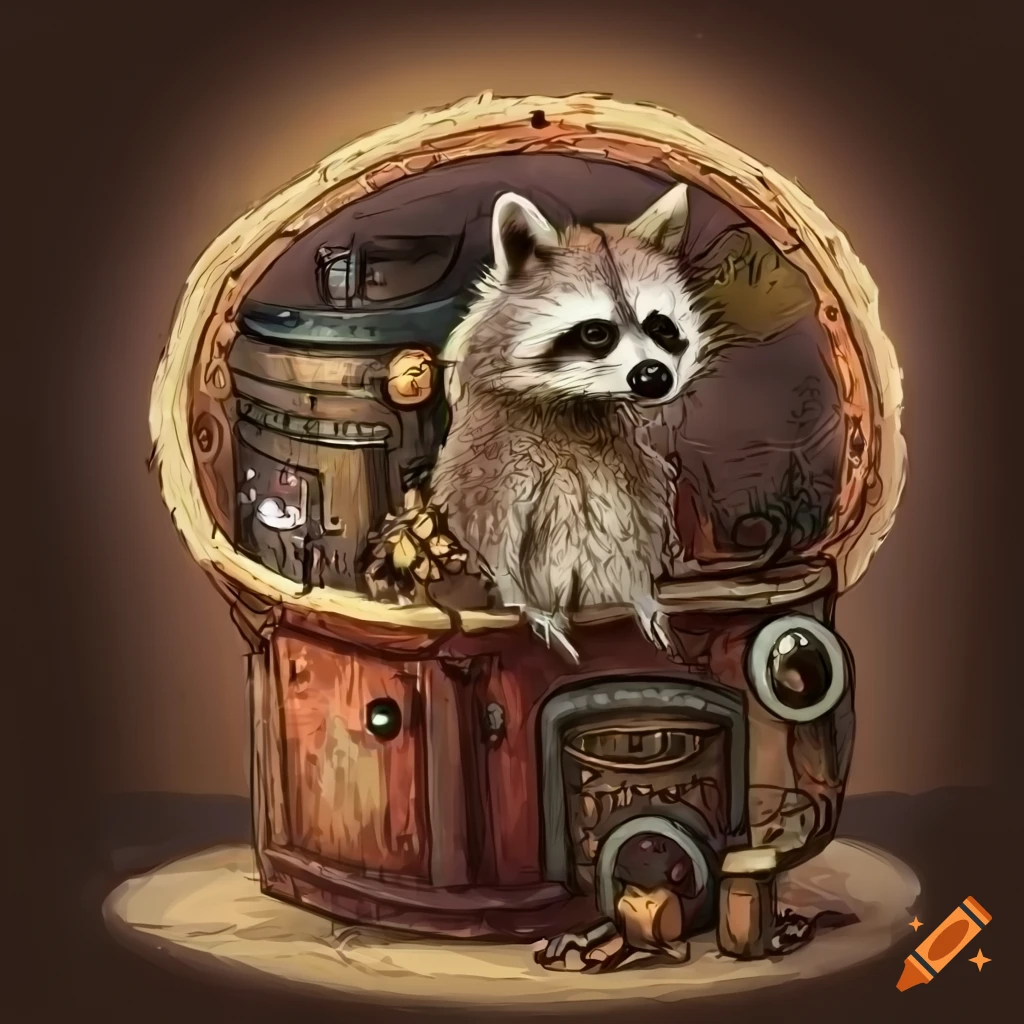 Raccoon rummaging in a steampunk trash can in a fantasy art style