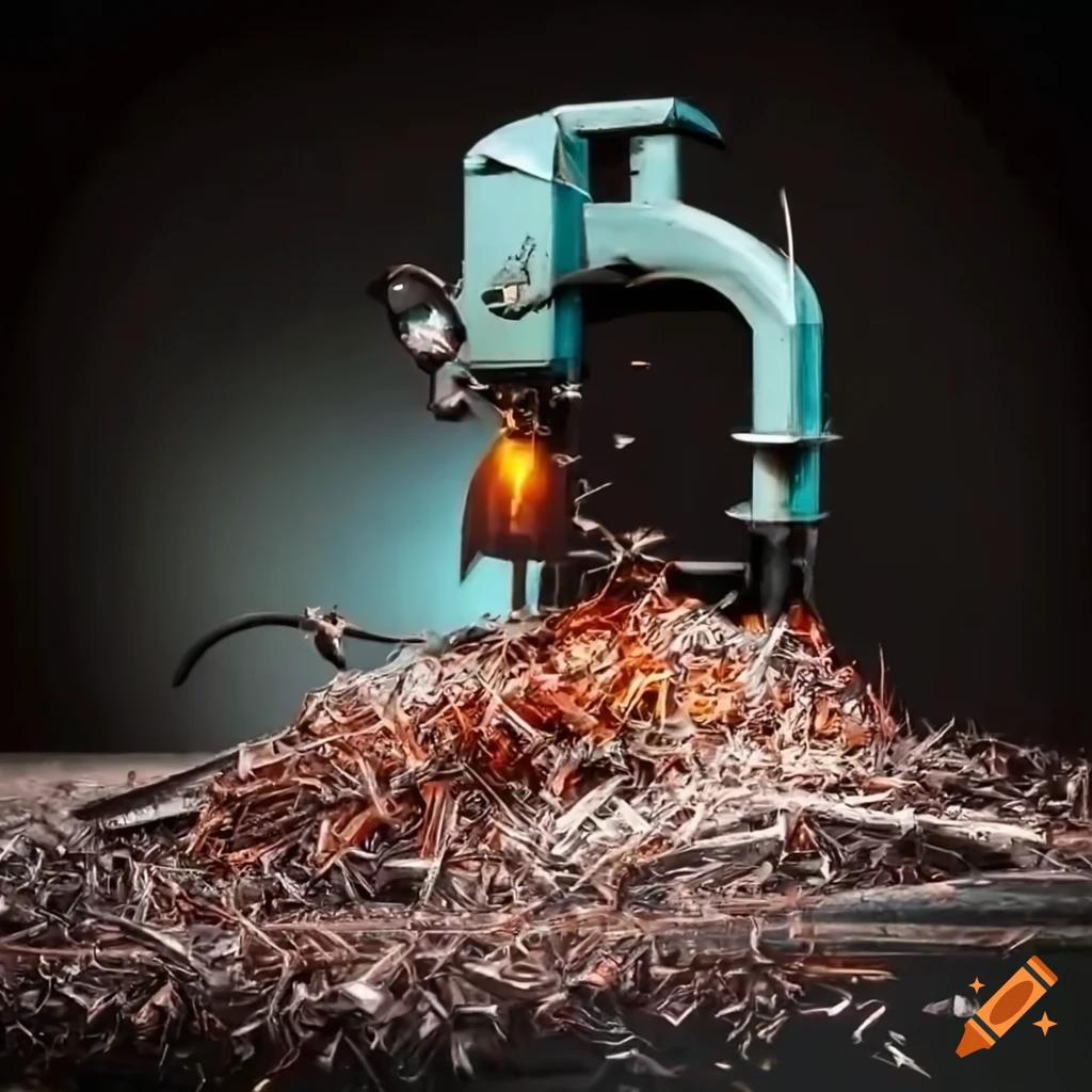 Machinist covered in oil and metal shavings by a large band saw