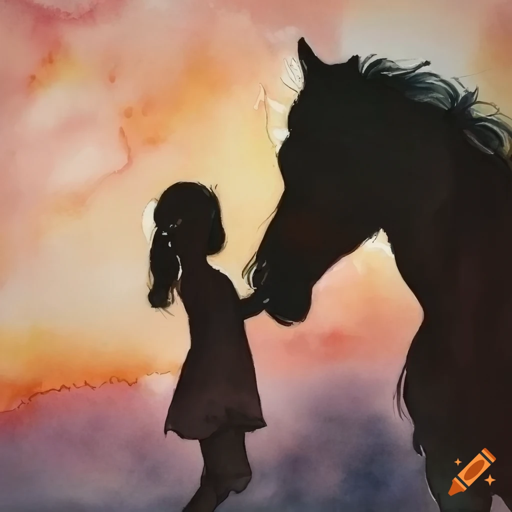 Horse and small girl silhouetted against the sunset in watercolor on