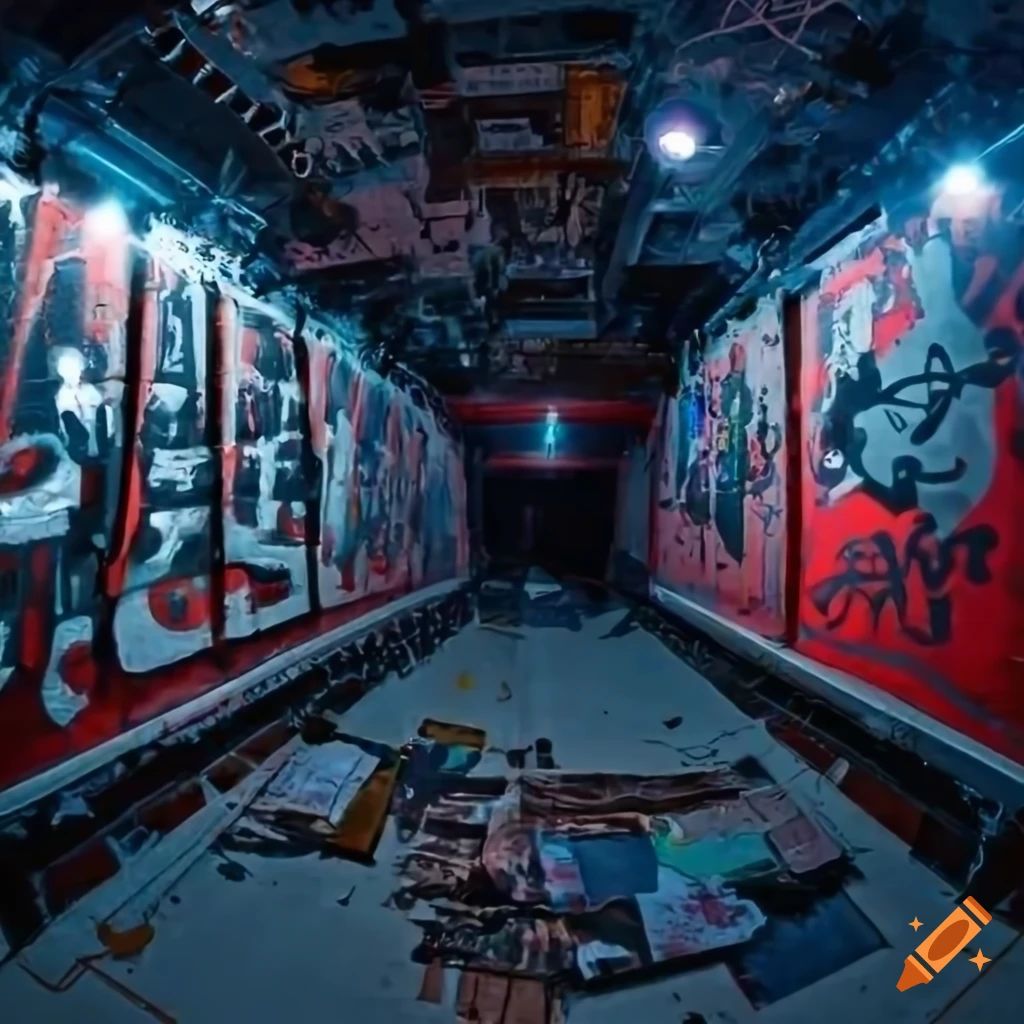 Punk style inside a space station with graffiti and concert lights