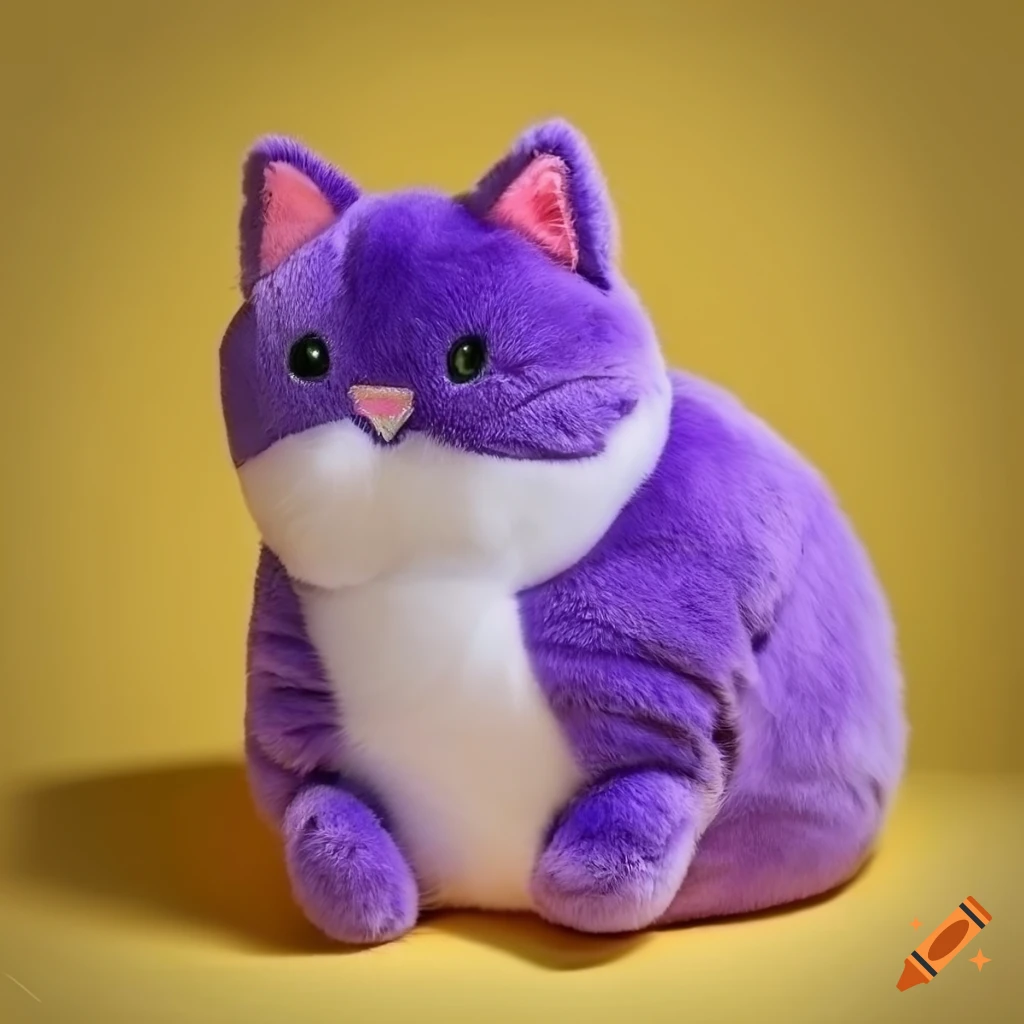 Plush chubby violet cat with long hair on yellow background