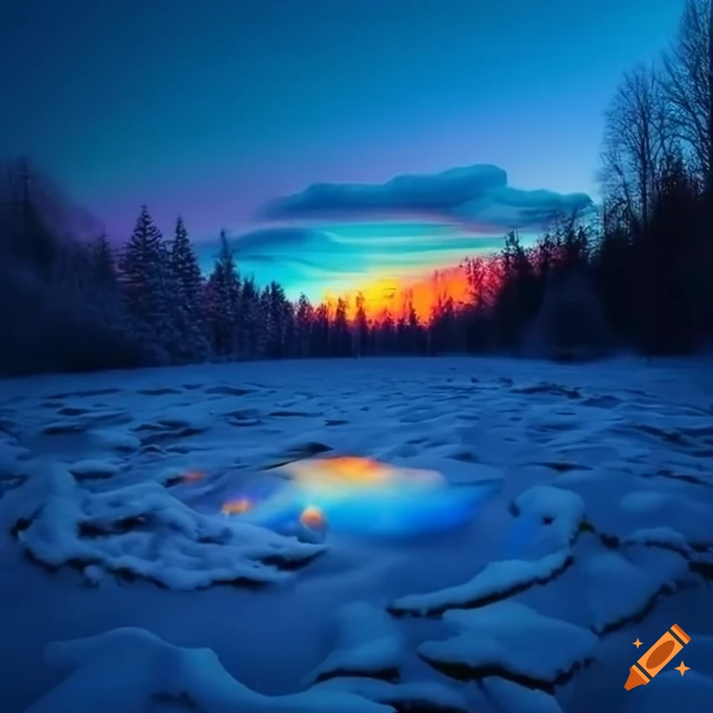 Bright winter landscape with glowing crystal formations on Craiyon