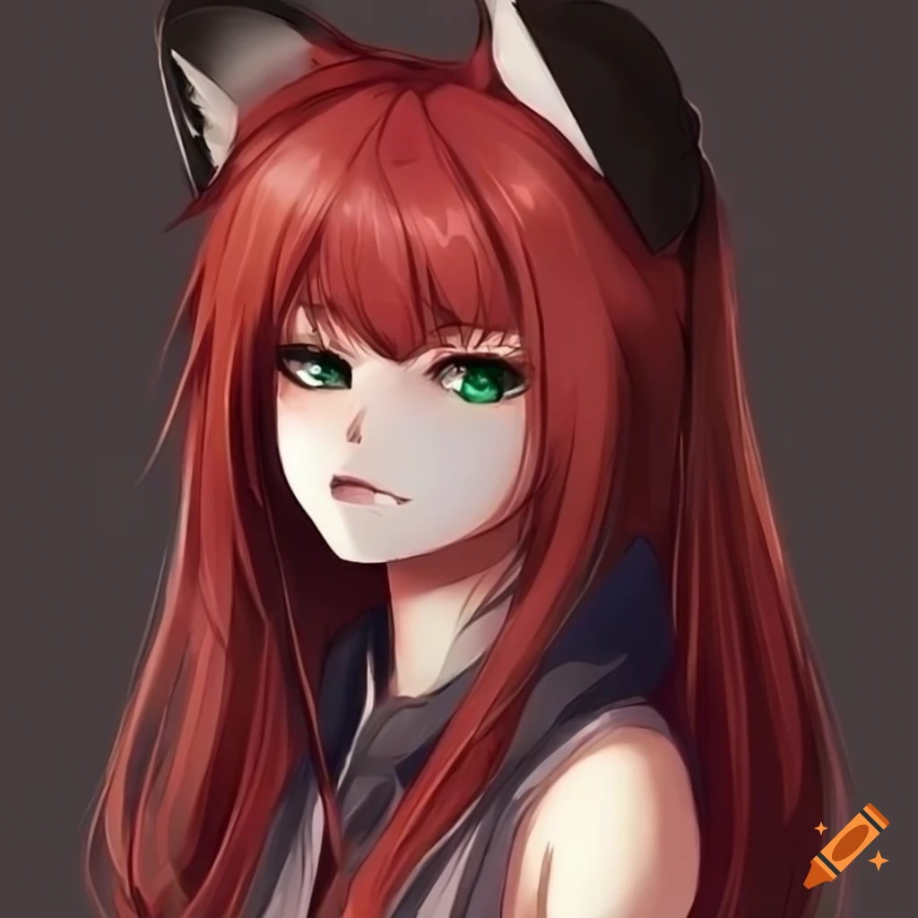 Anime girl with dark red hair, grey eyes, and fox ears on Craiyon