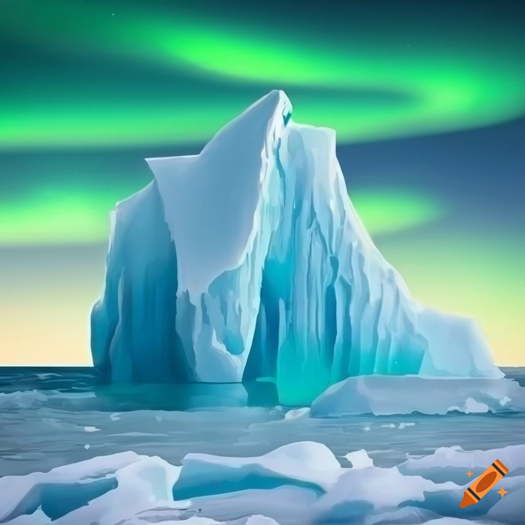 Norse style comic cover of a snow-covered iceberg in the middle of the sea with Northern lights