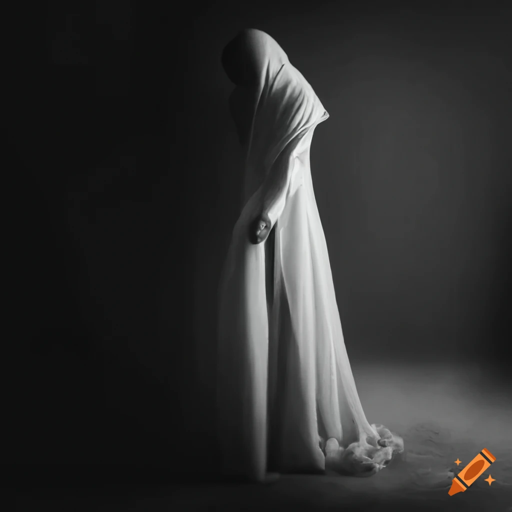 Eerie white figure lurking in the shadows with haunting presence