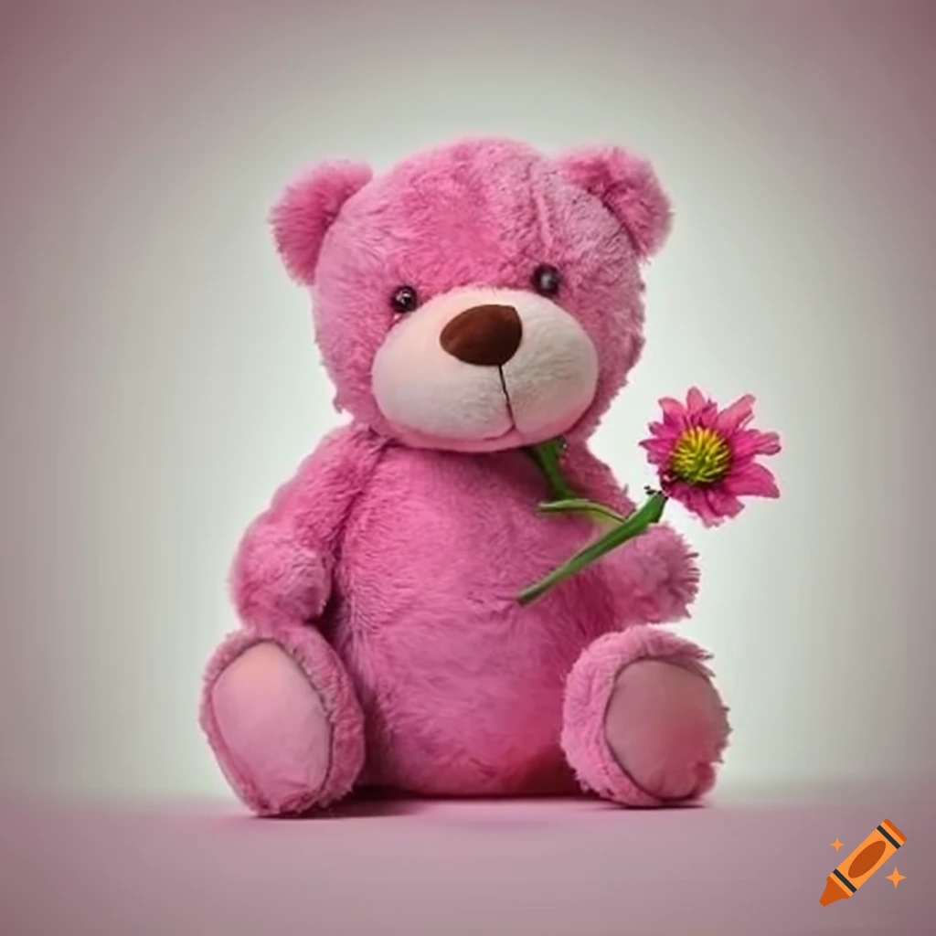 Pink teddy bear holding a flower