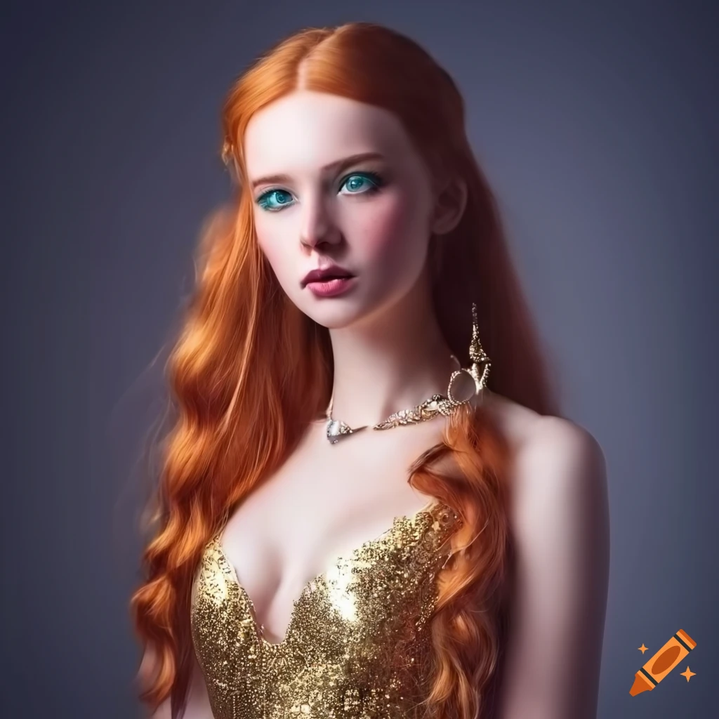 Young beautiful redhead princess in a golden dress and green eyes