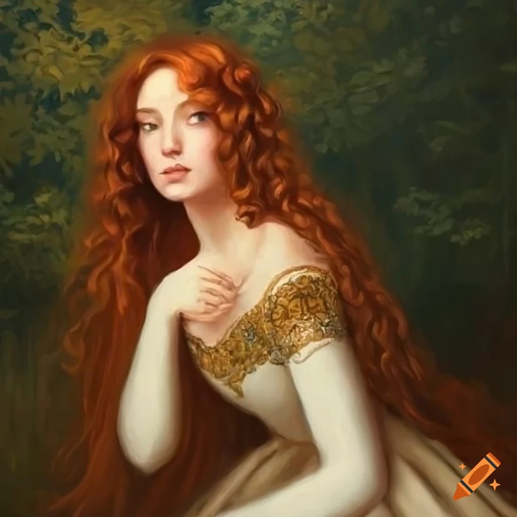 Princess with long red hair sitting in a forest