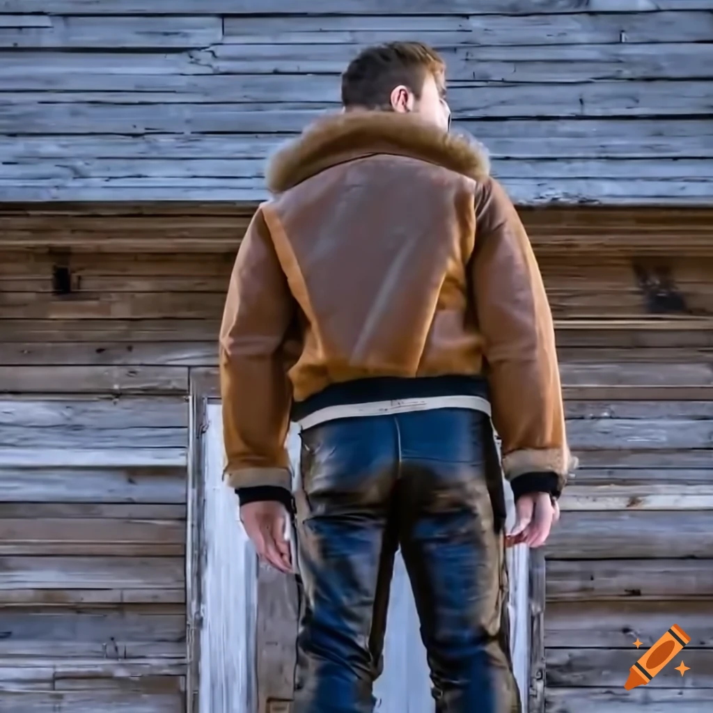 Young man in sheepskin bomber jacket and leather trousers standing in barn doorway