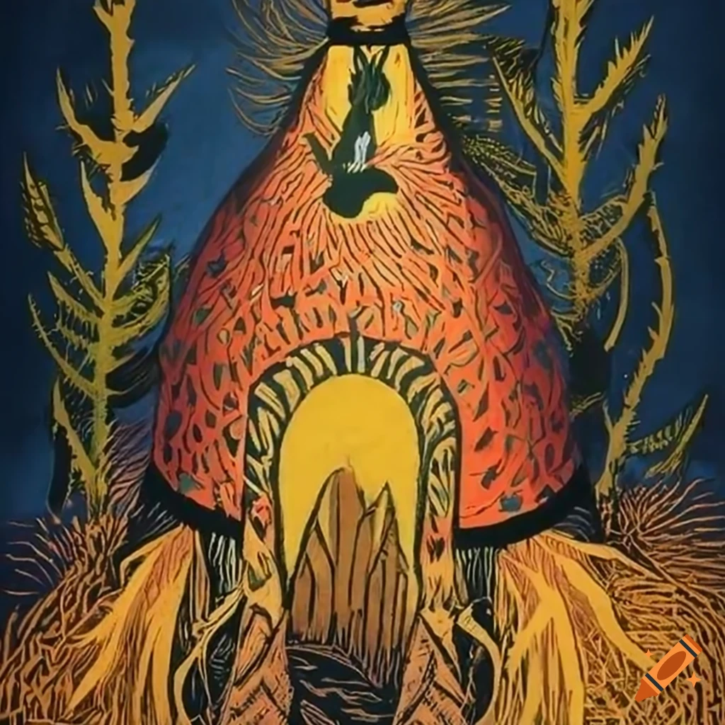 Baba Yaga's mythical hut of fur and feathers on giraffe leg pillars in intricate woodcut art