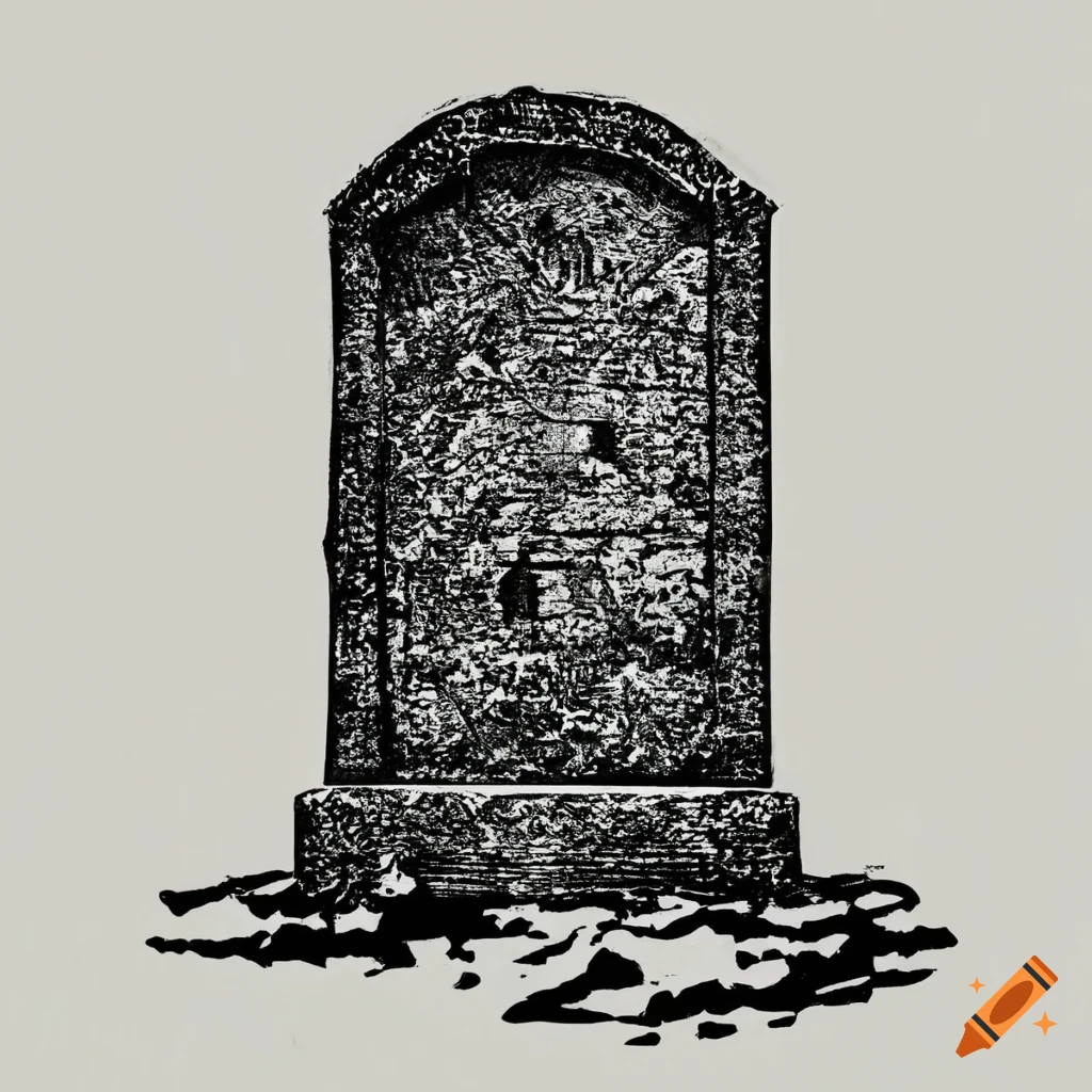 Rundown gravestone in black and white woodcut style
