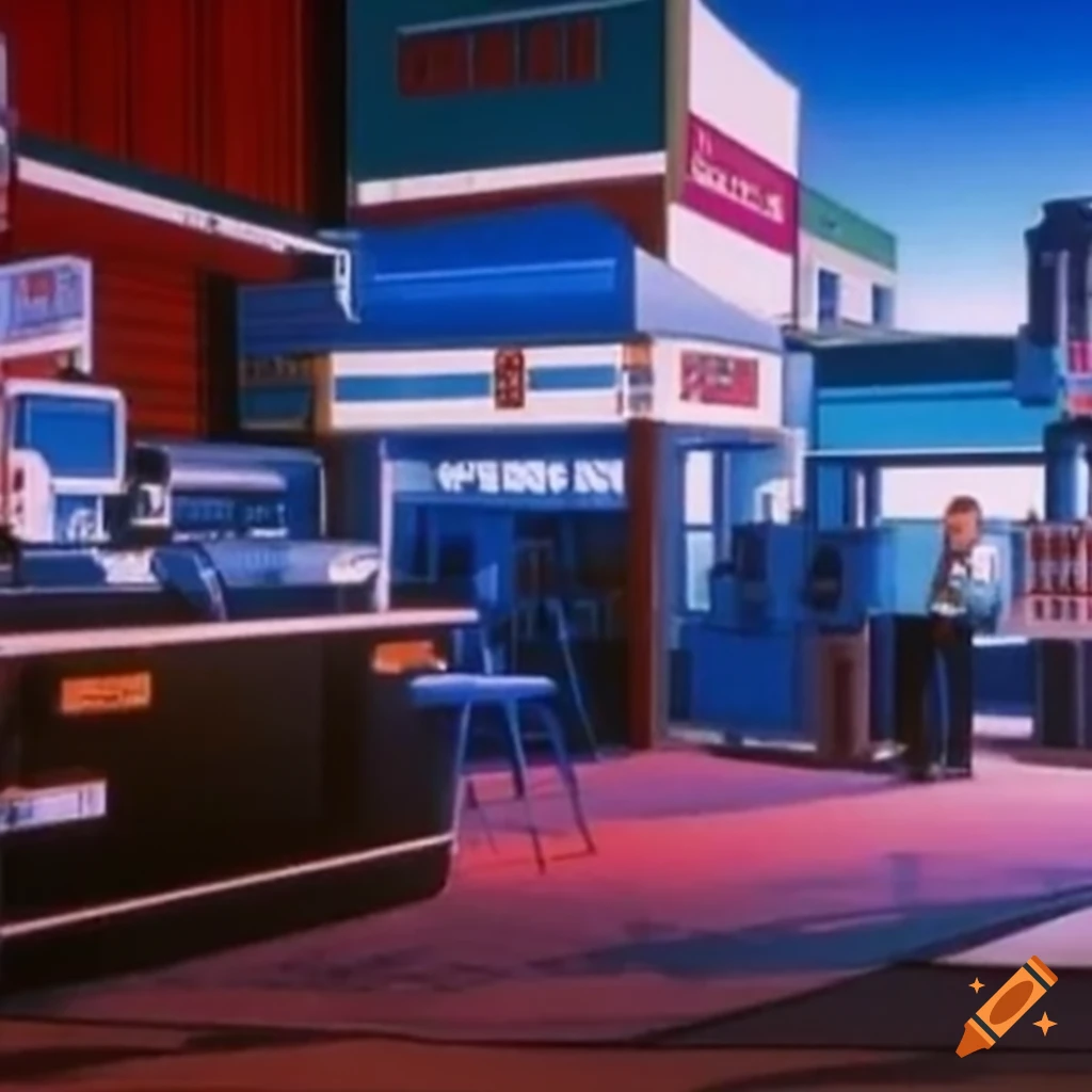 Retro 1990s chillwave home appliances store interior scene: "Kimagure Orange Road" "City Hunter" "Dire Straits Money For Nothing"