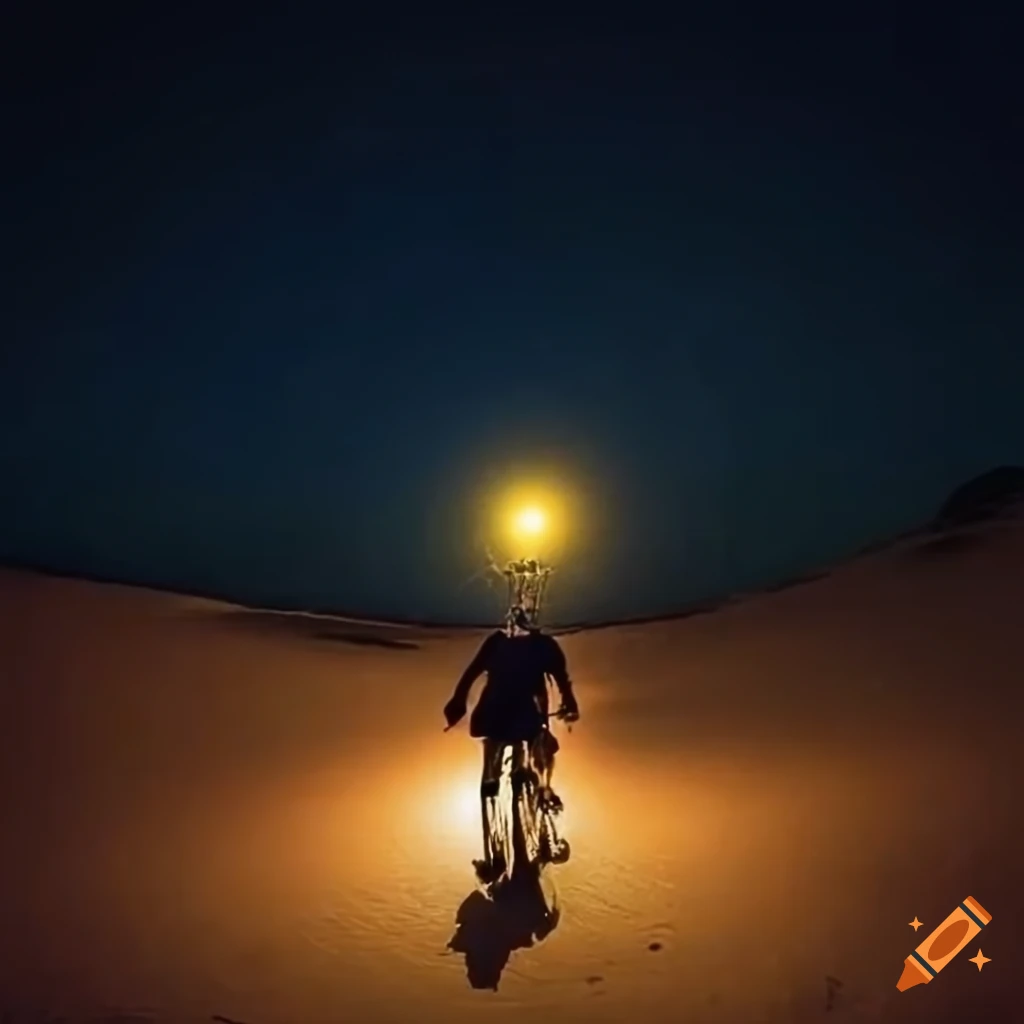Man with scarf riding bicycle on deserted beach under starry night sky