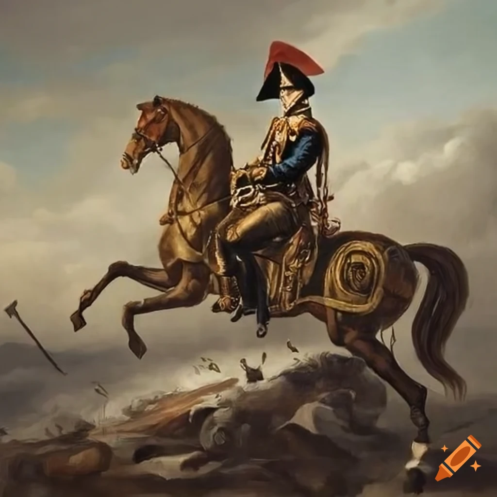 Historical depiction of napoleon on horseback in a battlefield on Craiyon