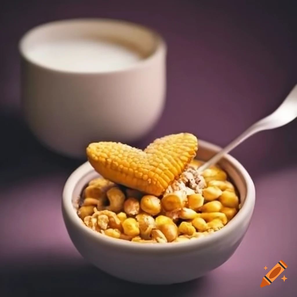 Hearty bowl of corn-based tamale-shaped cereal with milk